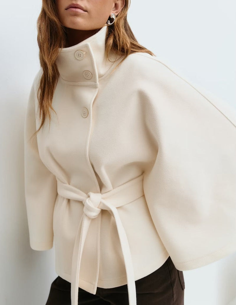 Manteau Trench Élégant d'Hiver à Col Montant et Manches Chauve-Souris pour Femmes