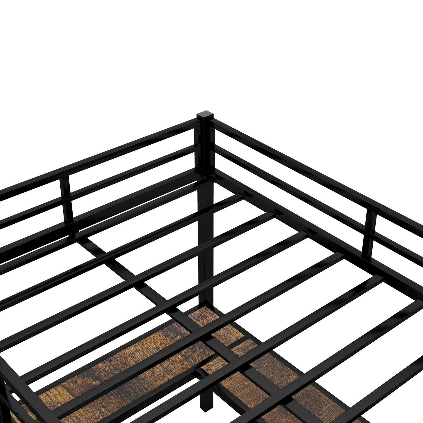 Full metal loft bed with desk and shelf, loft bed with ladder and guardrail, black with retro wood desk - Korvel