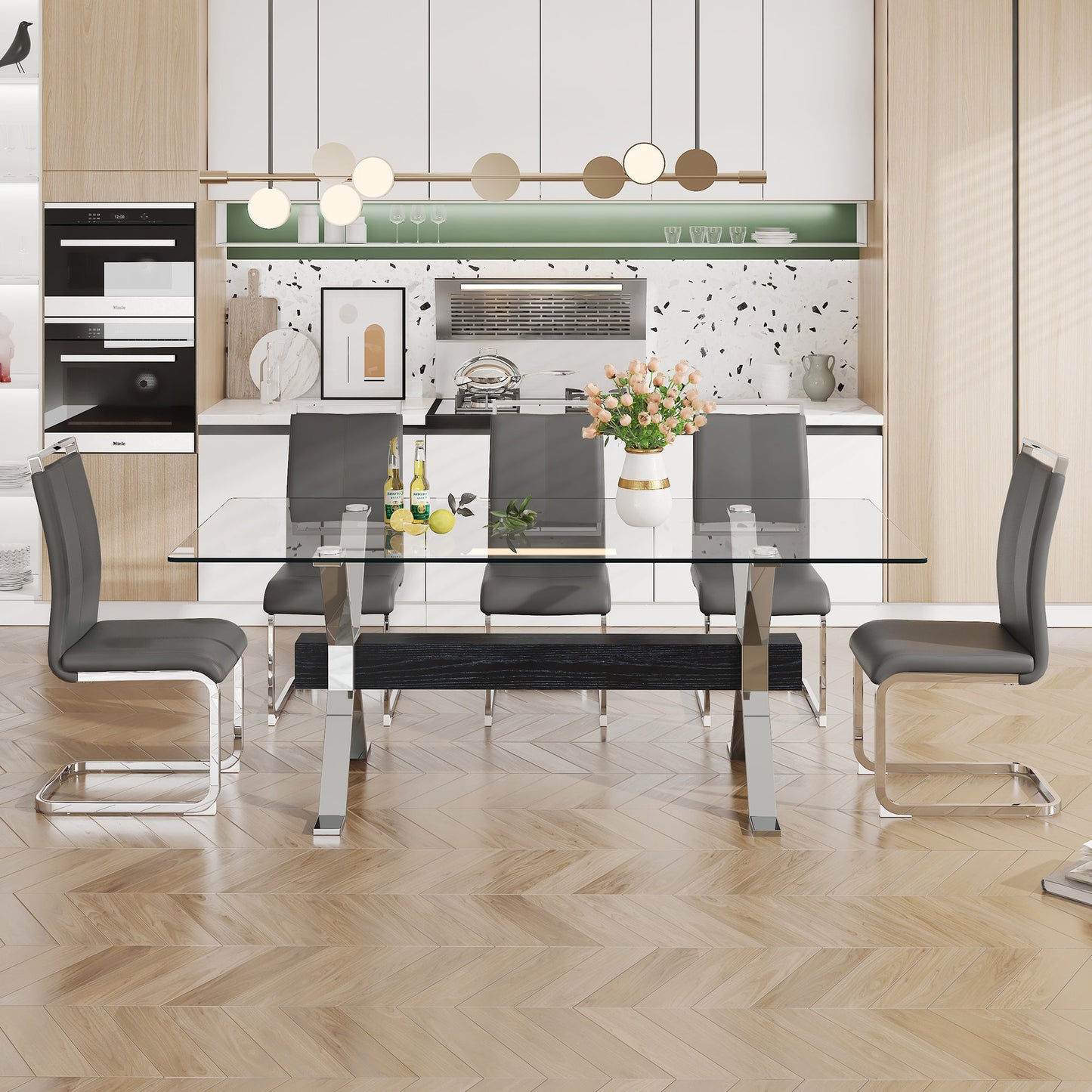 Dining table Modern tempered glass dining table Large modern office desk with silver plated metal legs and MDF crossbars - Korvel