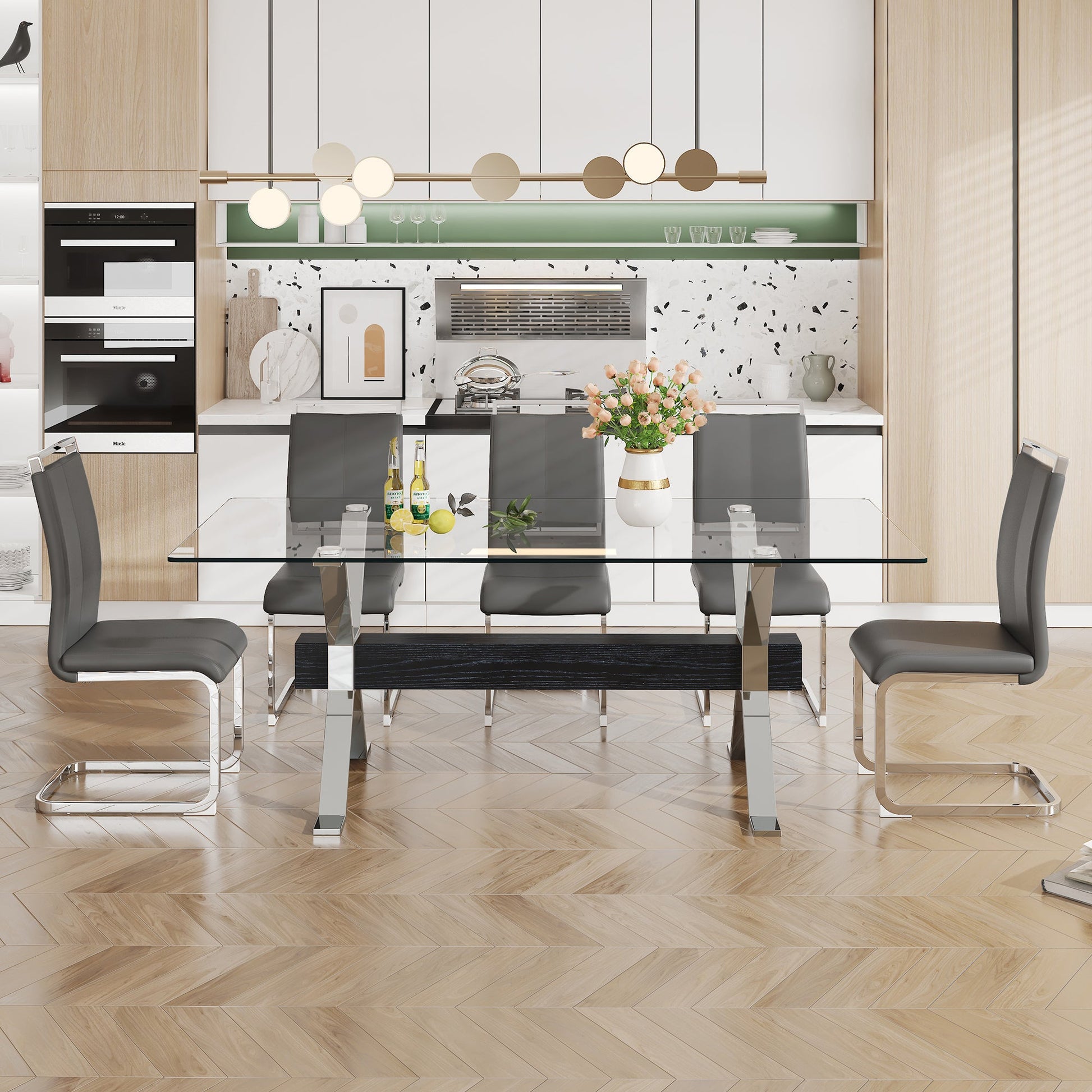 Dining table Modern tempered glass dining table Large modern office desk with silver plated metal legs and MDF crossbars - Korvel