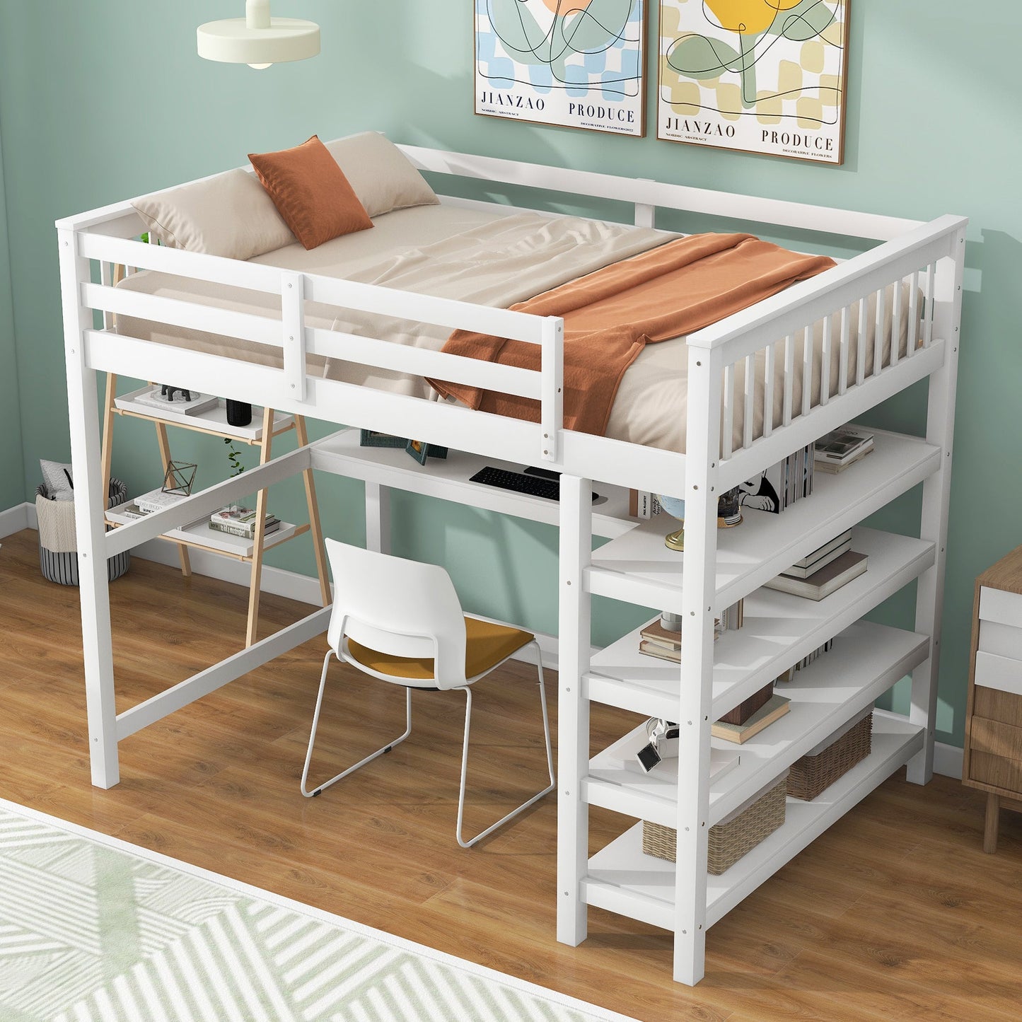 Full Size Loft Bed with Storage Shelves and Under-bed Desk  White - Korvel