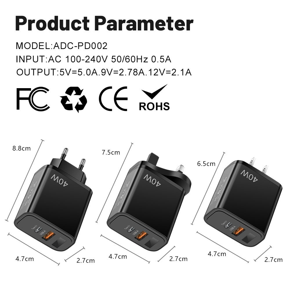 Chargeur de téléphone mobile numérique 40W PD+USB