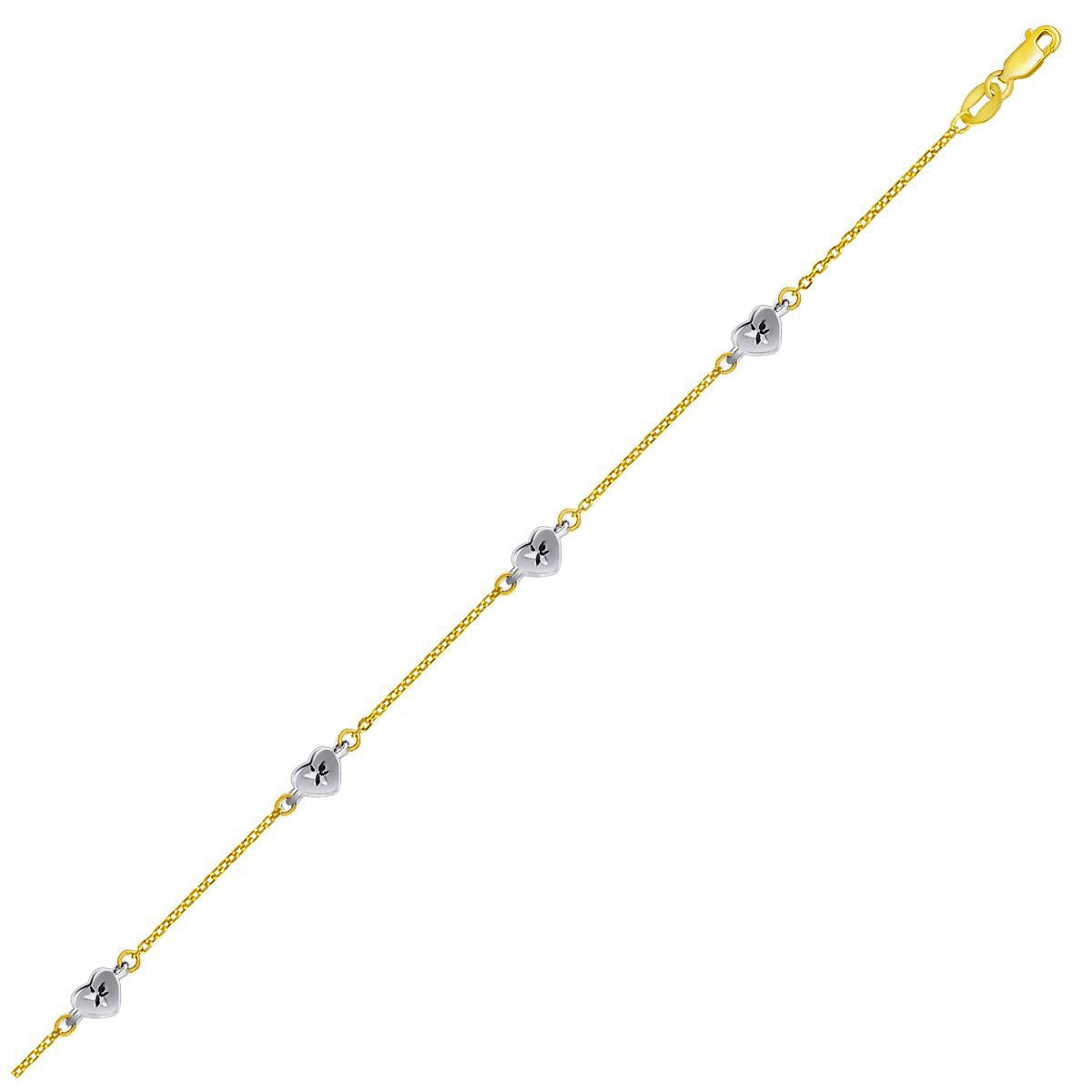 Tobillera de Oro de Dos Tonos de 14k con Estaciones en Forma de Corazón