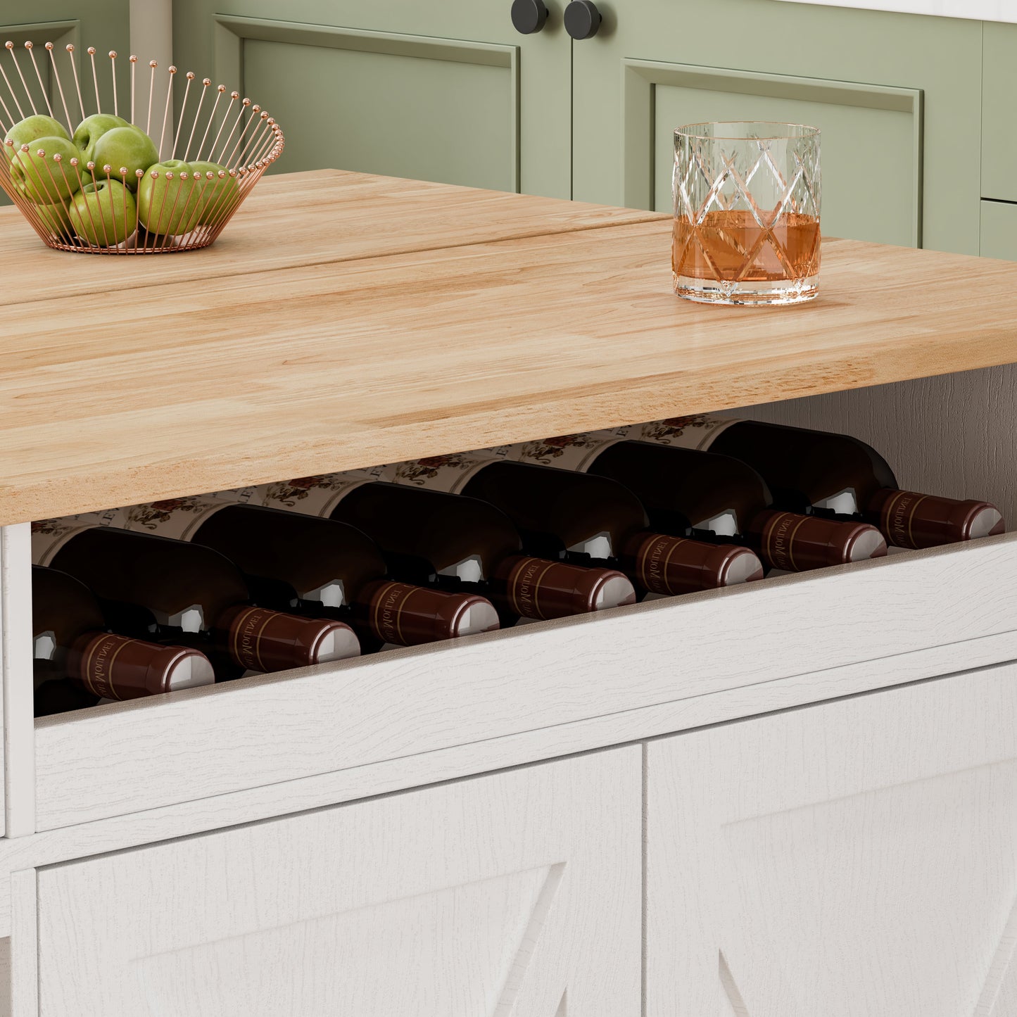 44 Inch Kitchen Island Cart with Solid Wood Top, Wine Storage, Spice Rack, Towel Rack, Wine Glass Holder White & Oak - Korvel
