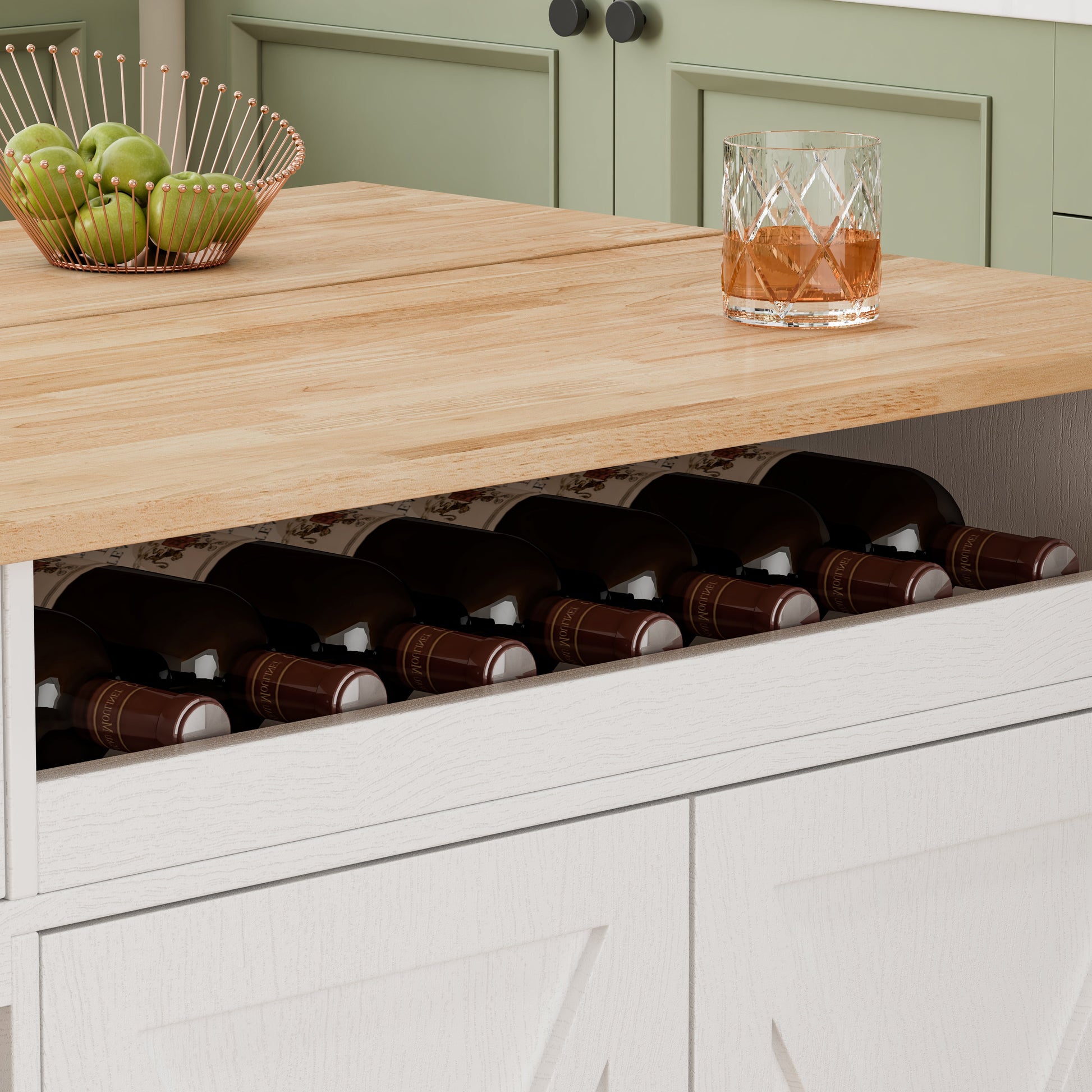 44 Inch Kitchen Island Cart with Solid Wood Top, Wine Storage, Spice Rack, Towel Rack, Wine Glass Holder White & Oak - Korvel