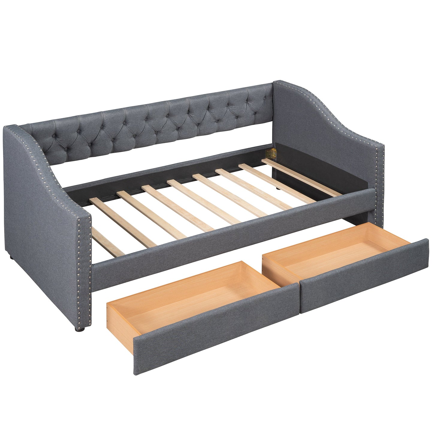 Cama nido tapizada de tamaño individual con dos cajones - Gris