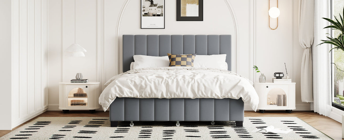 Queen Size Velvet Upholstered Platform Bed with 2 Drawers and 1 Twin XL Trundle- Gray - Korvel