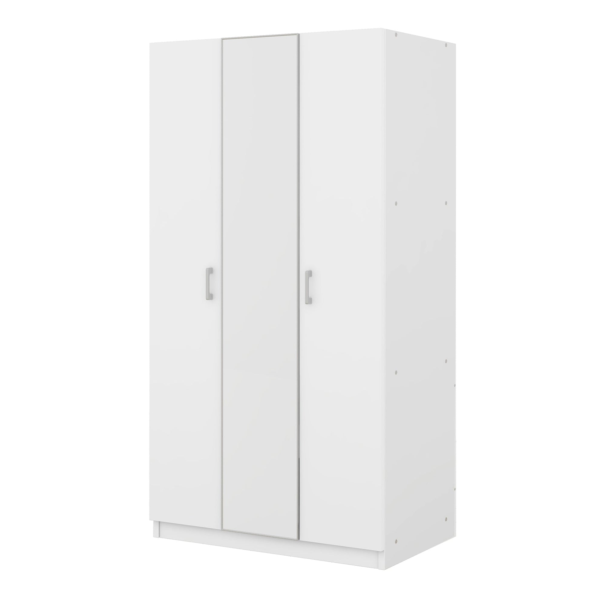 3 Door Wardrobe with Mirror, Armoire with Hanging Rod and 3 Fixed Shelves,White - Korvel