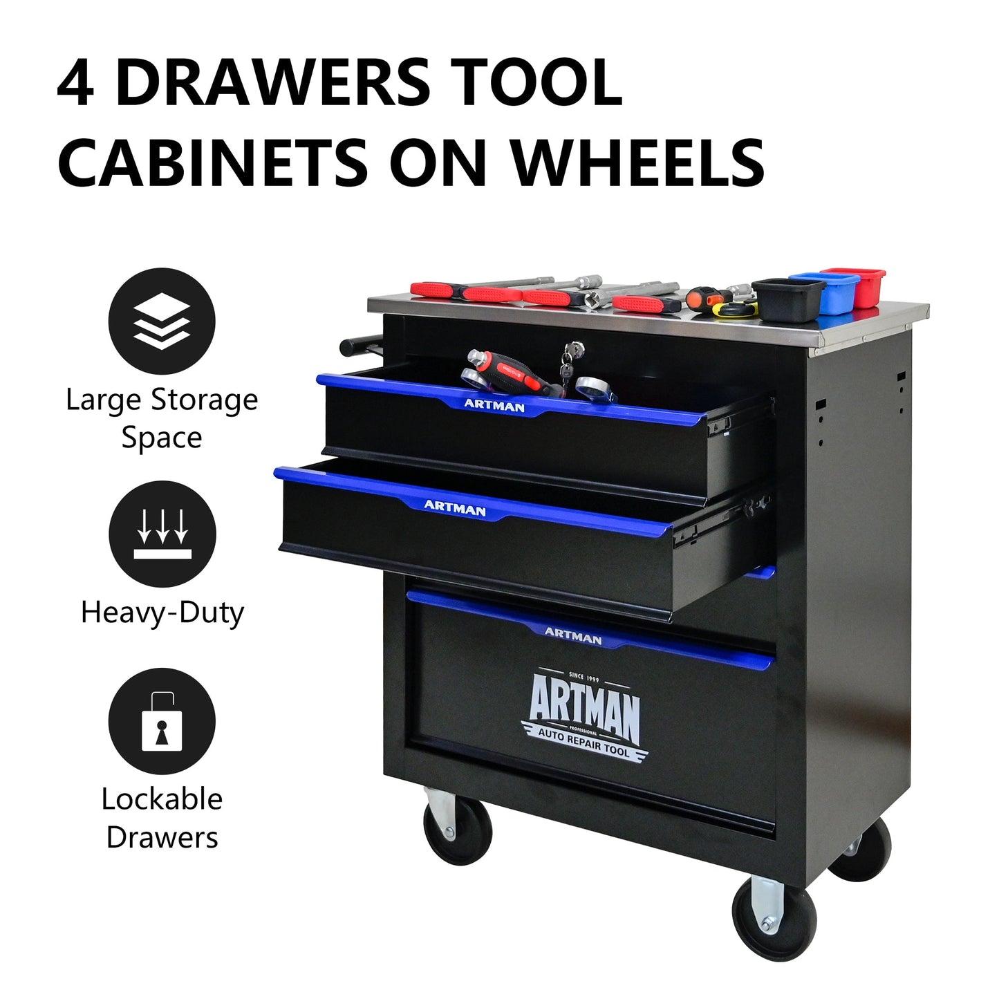 4 DRAWERS MULTIFUNCTIONAL TOOL CART WITH WHEELS-BLACK - Korvel