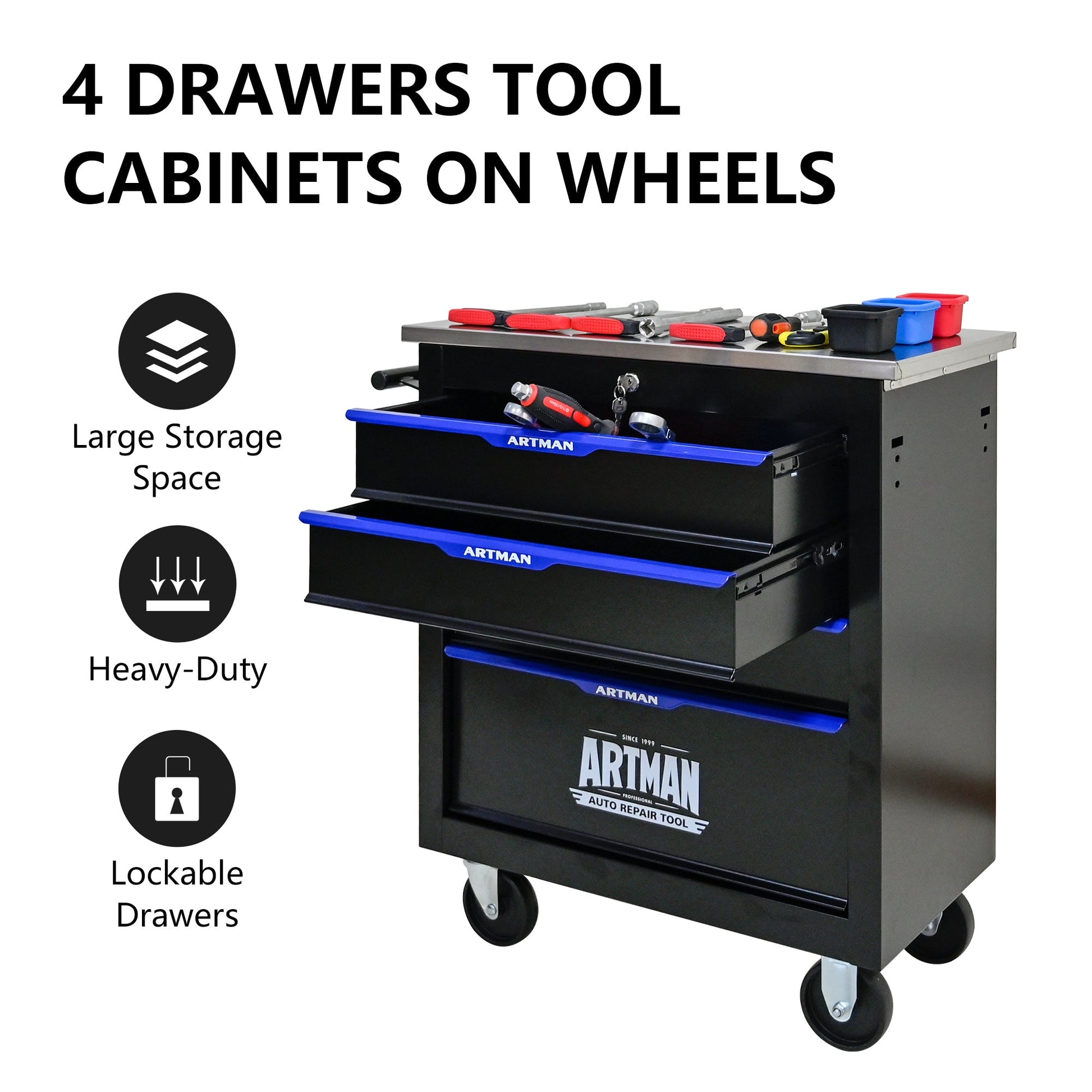 4 DRAWERS MULTIFUNCTIONAL TOOL CART WITH WHEELS-BLACK - Korvel