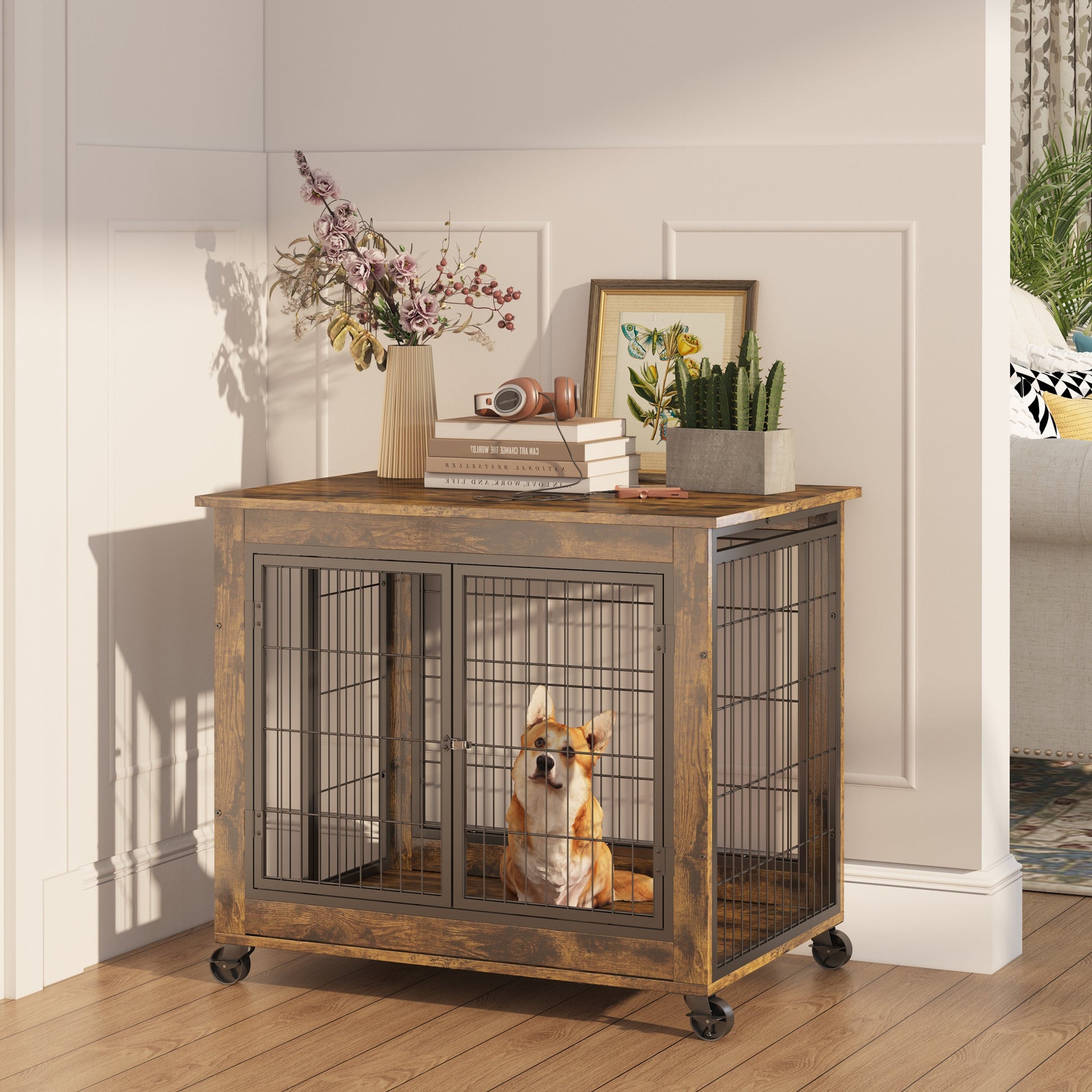 Furniture Style Dog Crate Side Table on Wheels with Double Doors and Lift Top. Rustic Brown, 31.50'' W x 22.05'' D x 25'' H. - Korvel