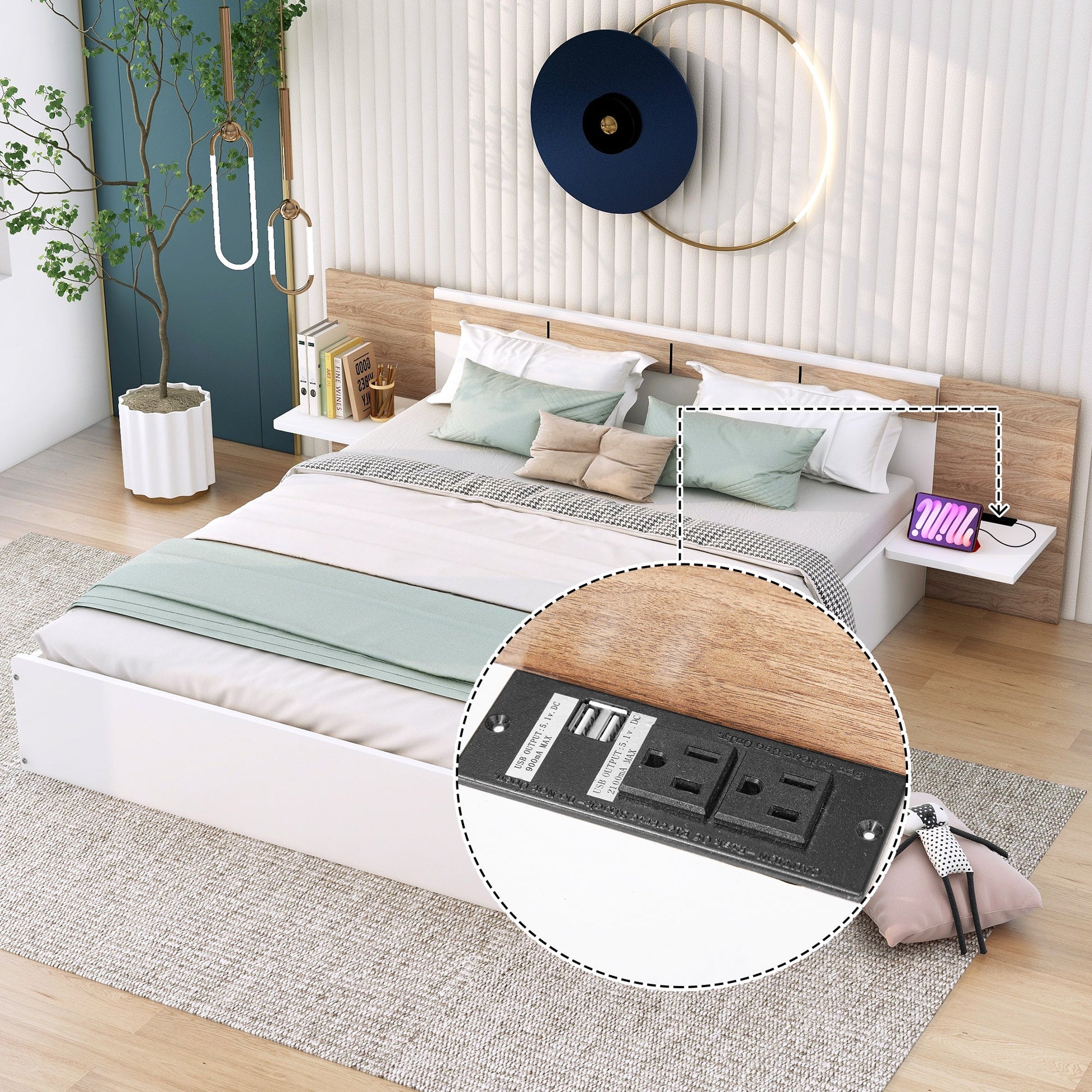 Queen Size Platform Bed with Headboard, Drawers, Shelves, USB Ports and Sockets  White - Korvel