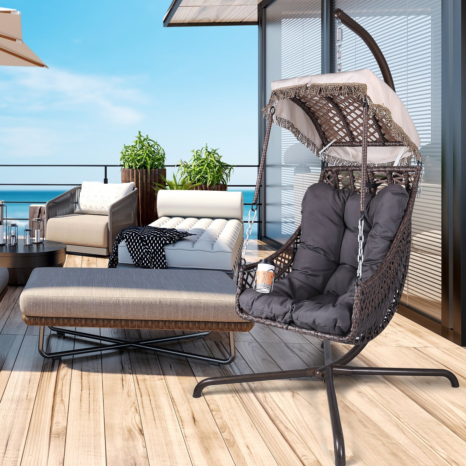 Swing Egg Chair with Stand Indoor Outdoor Wicker Rattan Frame 350lbs Capacity Hammock Chair - Korvel