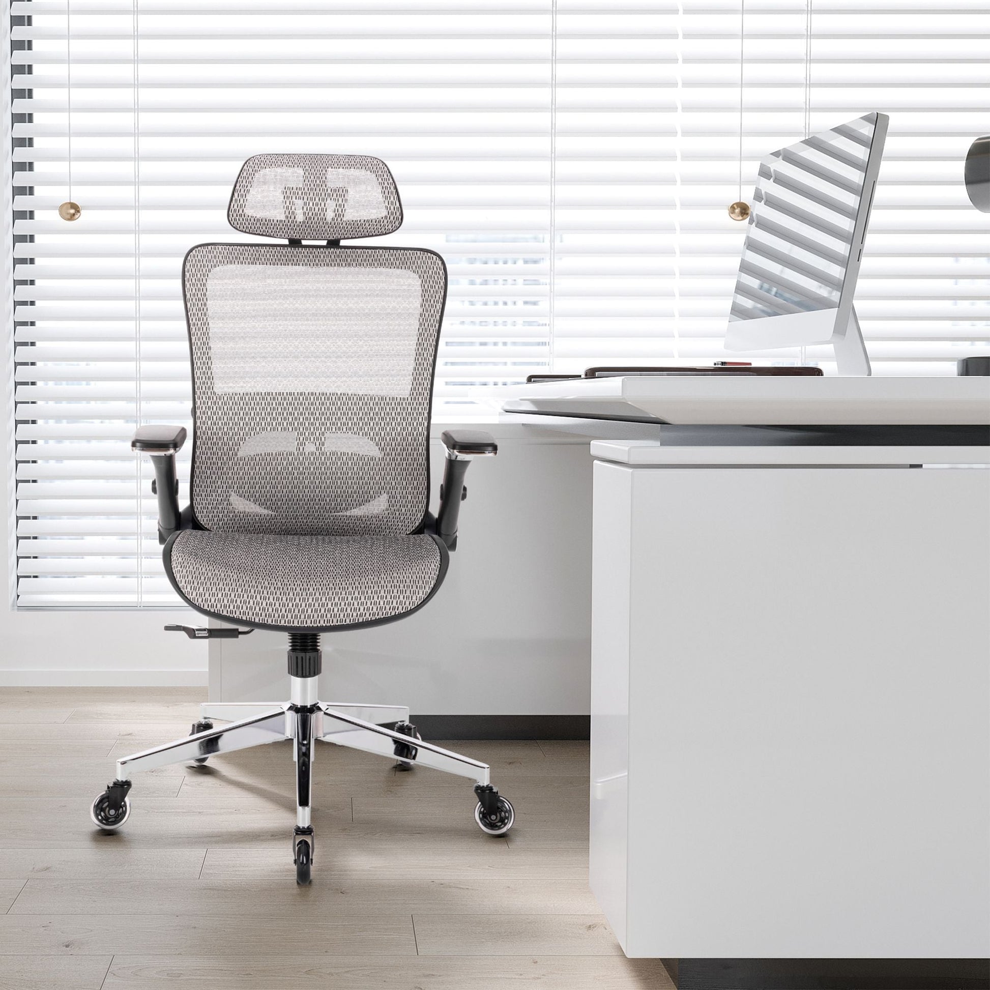GREY Ergonomic Mesh Office Chair High Back - Adjustable Headrest with Flip-Up Arms - Korvel