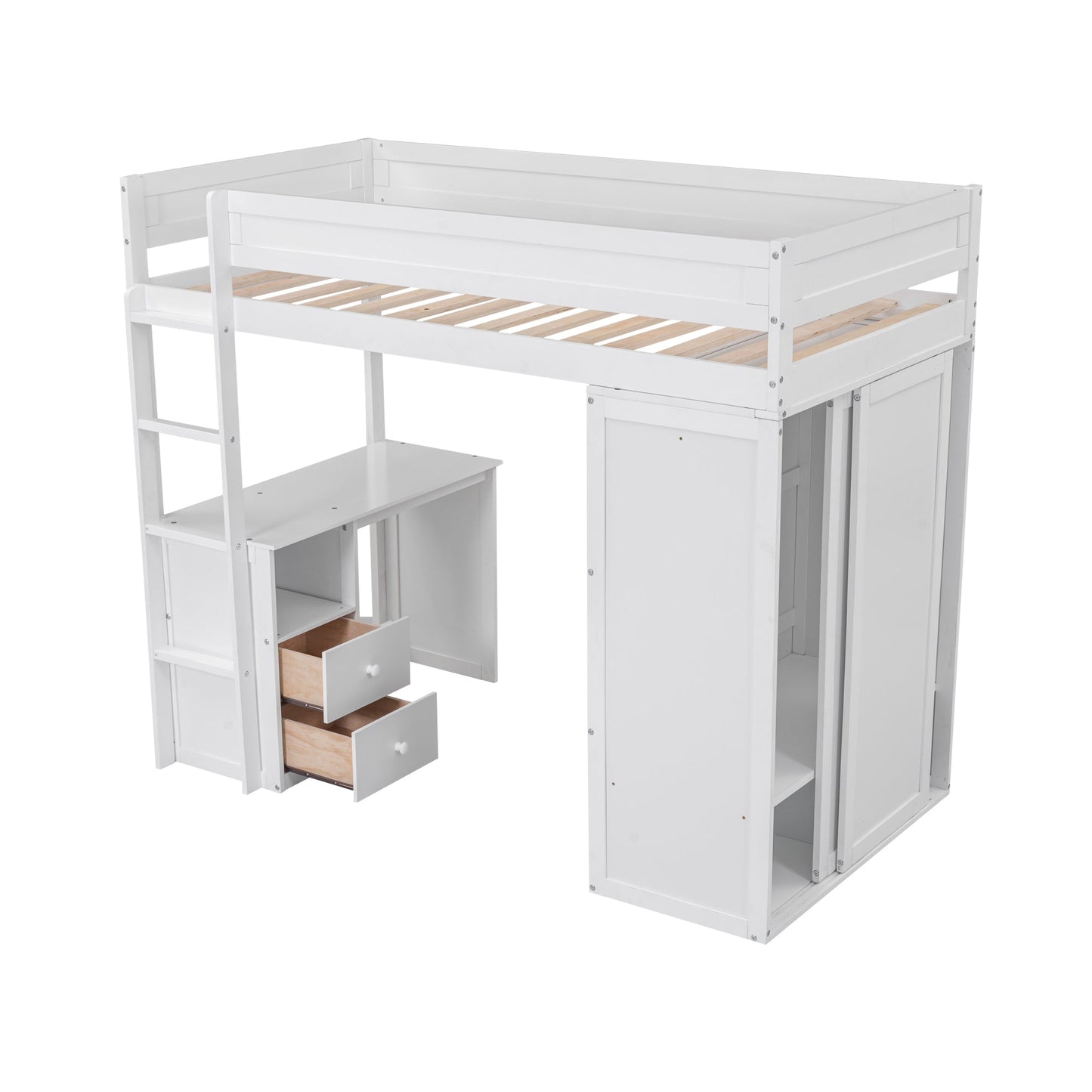 Wood Twin Size Loft Bed with Wardrobes and 2-Drawer Desk with Cabinet  White - Korvel