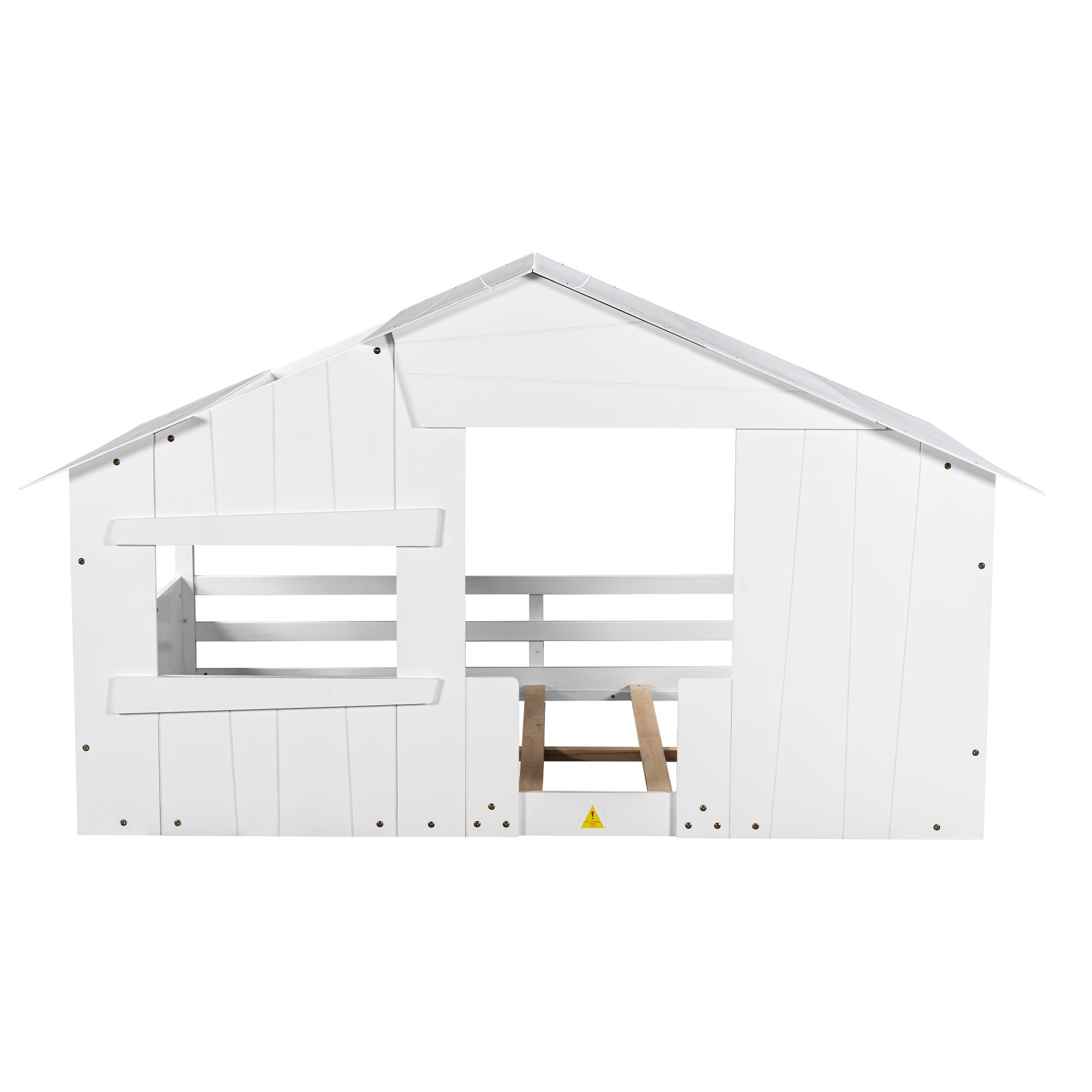 Wood Full Size House Bed with Roof, Window and Guardrail White - Korvel