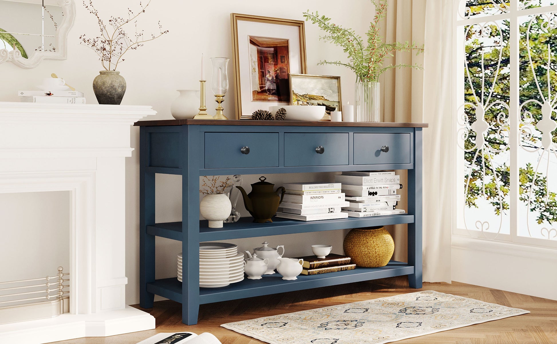 Retro Design Console Table with Two Open Shelves, Pine Solid Wood Frame and Legs for Living Room (Antique Navy+Espresso) - Korvel