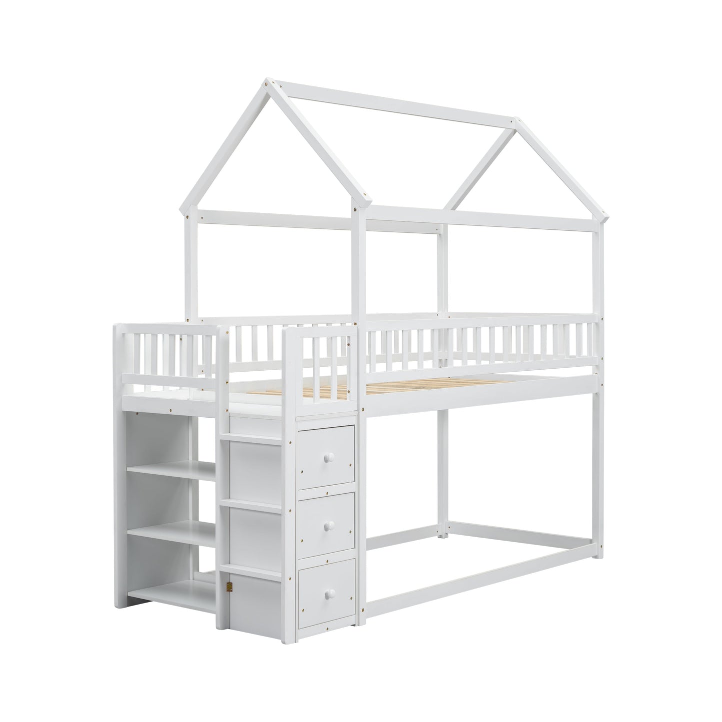 TWIN/TWIN HOUSE BUNK BED WITH SHELVES AND DRAWERS FOR WHITE COLOR - Korvel