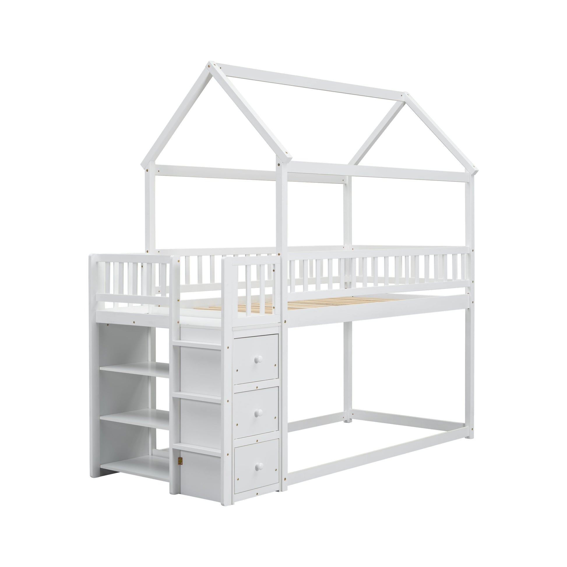 TWIN/TWIN HOUSE BUNK BED WITH SHELVES AND DRAWERS FOR WHITE COLOR - Korvel