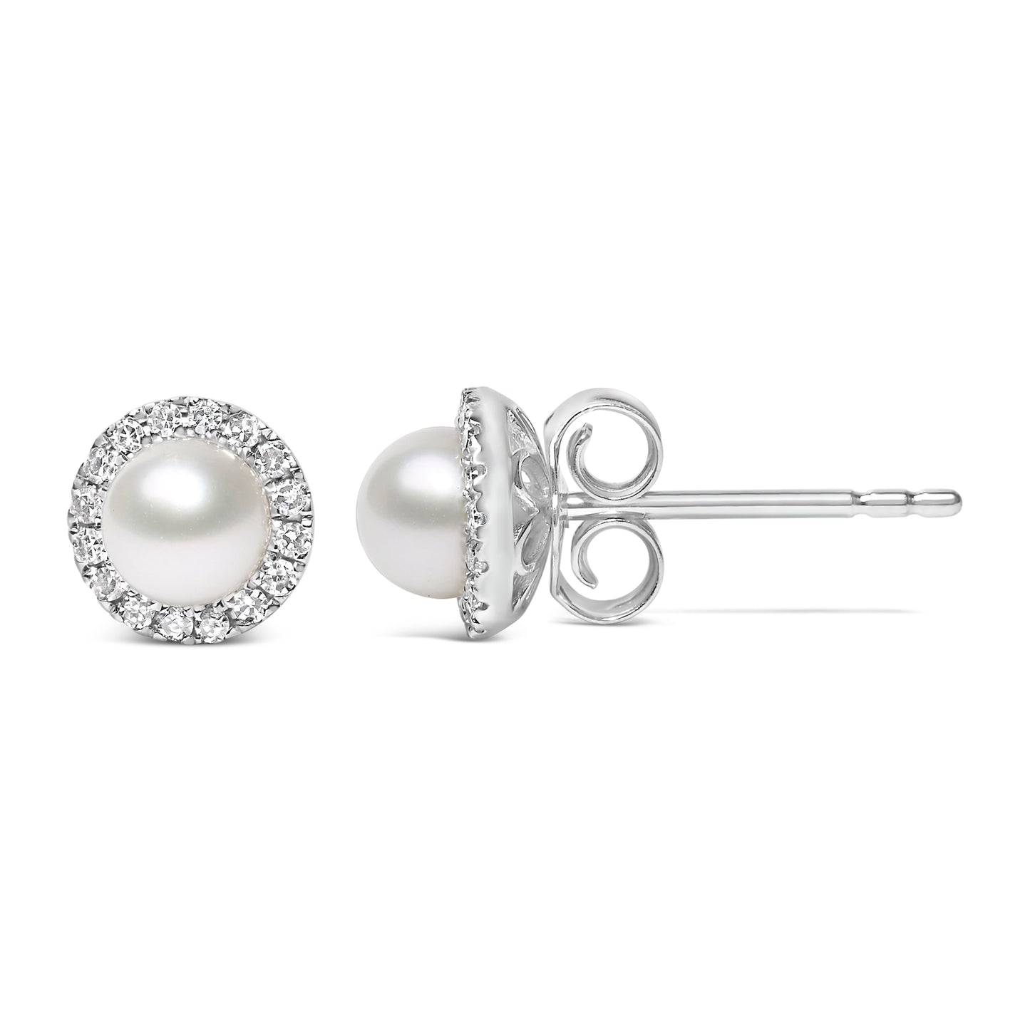 Boucles d'oreilles en or blanc 10K avec perles et diamants en halo