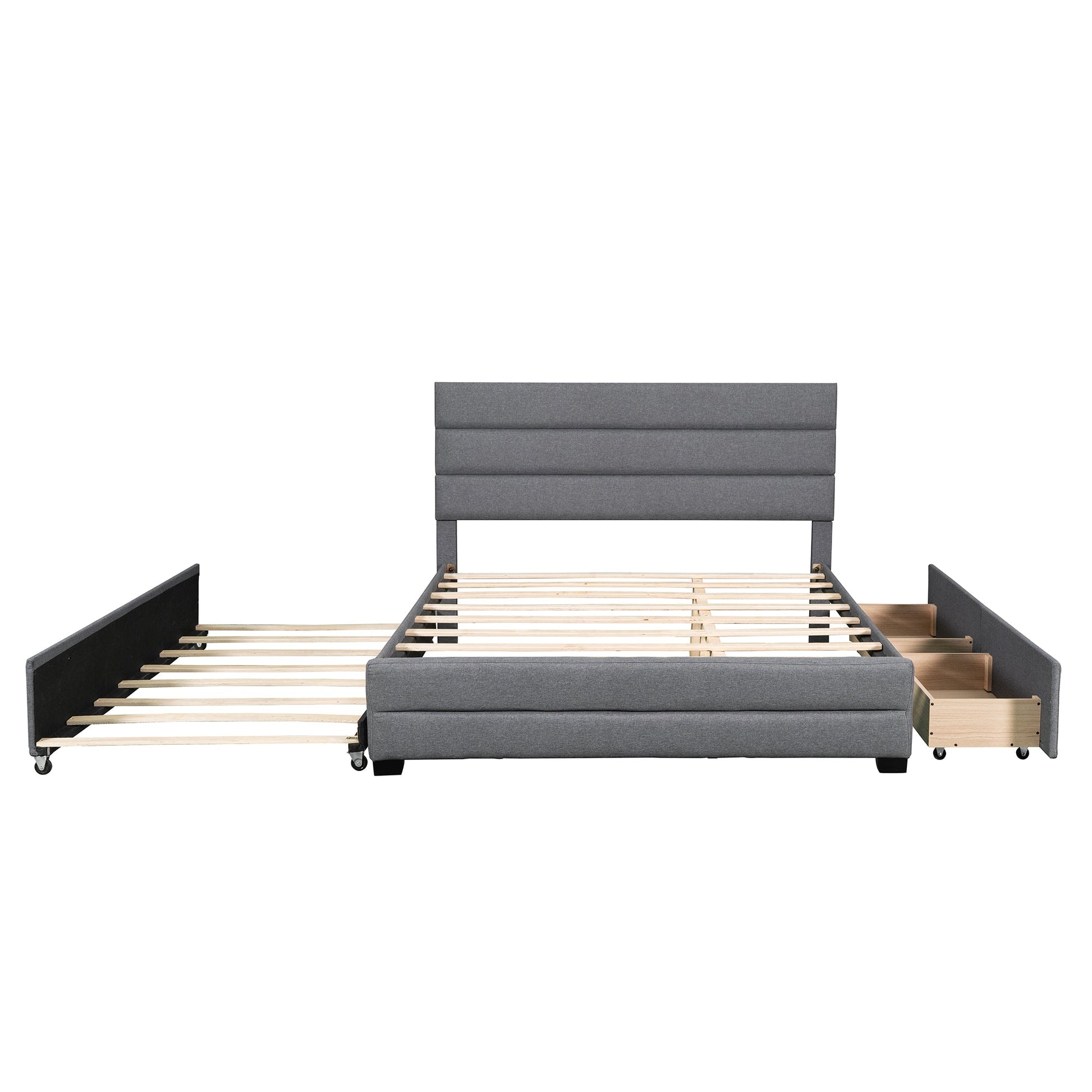 Queen Upholstered Platform Bed with Twin Size Trundle and Two Drawers Grey - Korvel