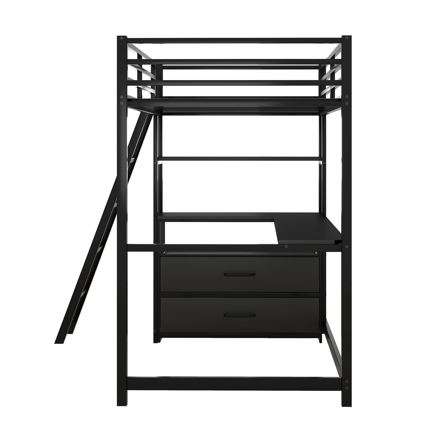 Twin Size Metal&Wood Loft Bed with Desk and Shelves, Two Built-in Drawers, Black - Korvel
