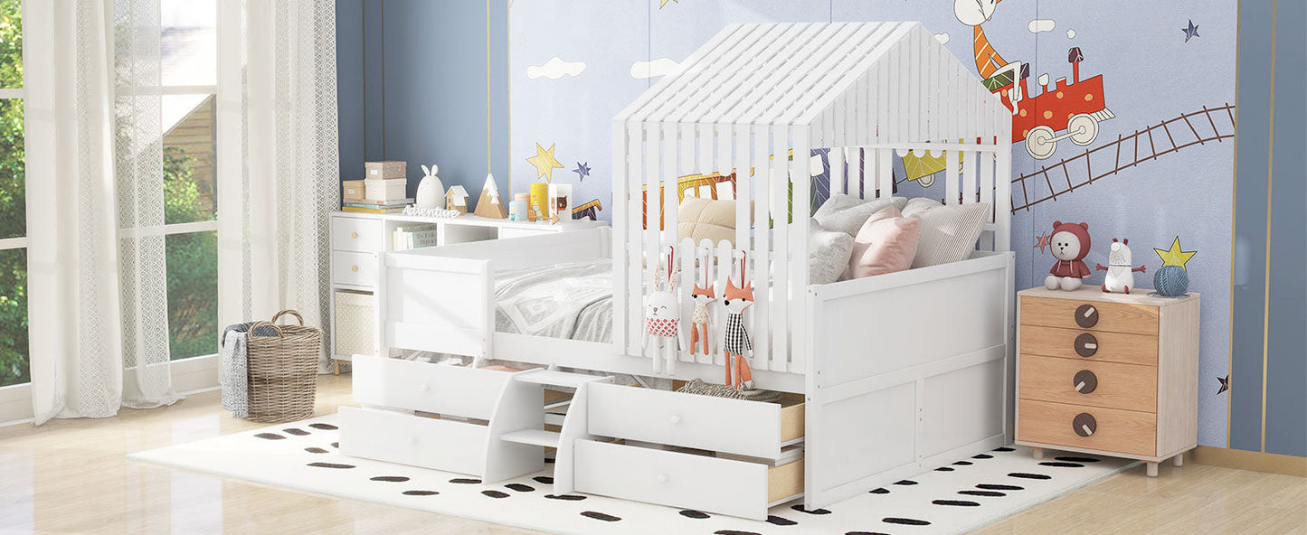 Full Size House Low Loft Bed with Four Drawers,White - Korvel