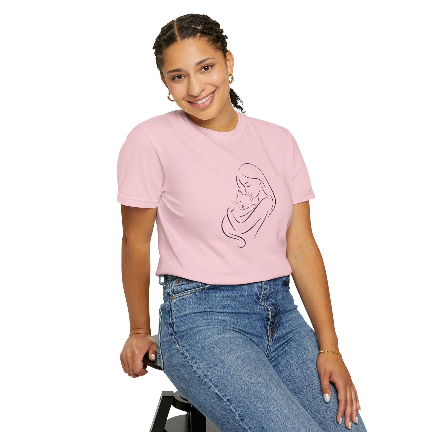 Camiseta Madre y Gato Abrazo | Camiseta Minimalista de Arte Lineal para Mamás de Gatos