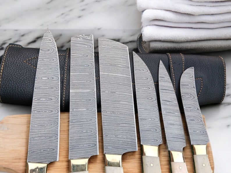 Exquisite 6-Piece Custom Damascus Knife Set with Bone Handles - Korvel