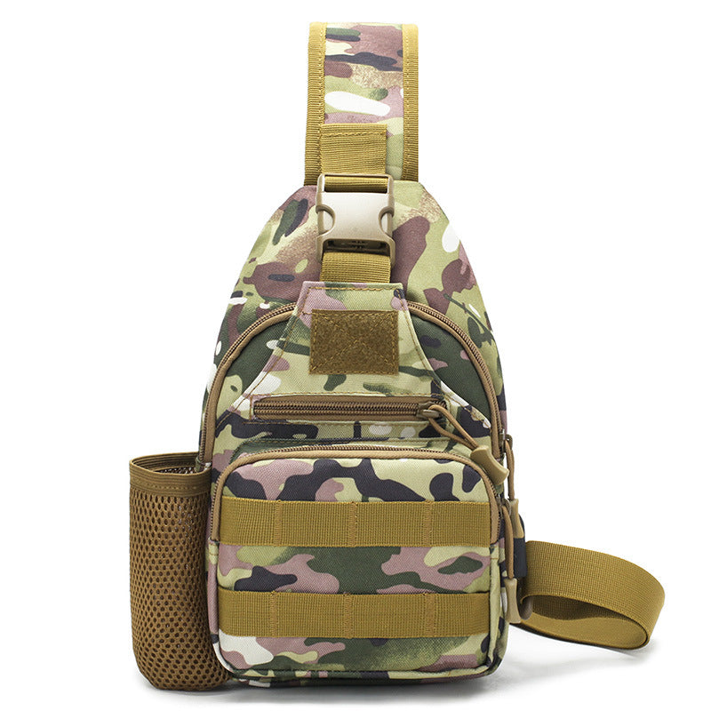 Tactical crossbody sling backpack. Has water bottle holder, MOLLE system, USB charging port. Ideal for travel and walks. Cp Camo - Korvel