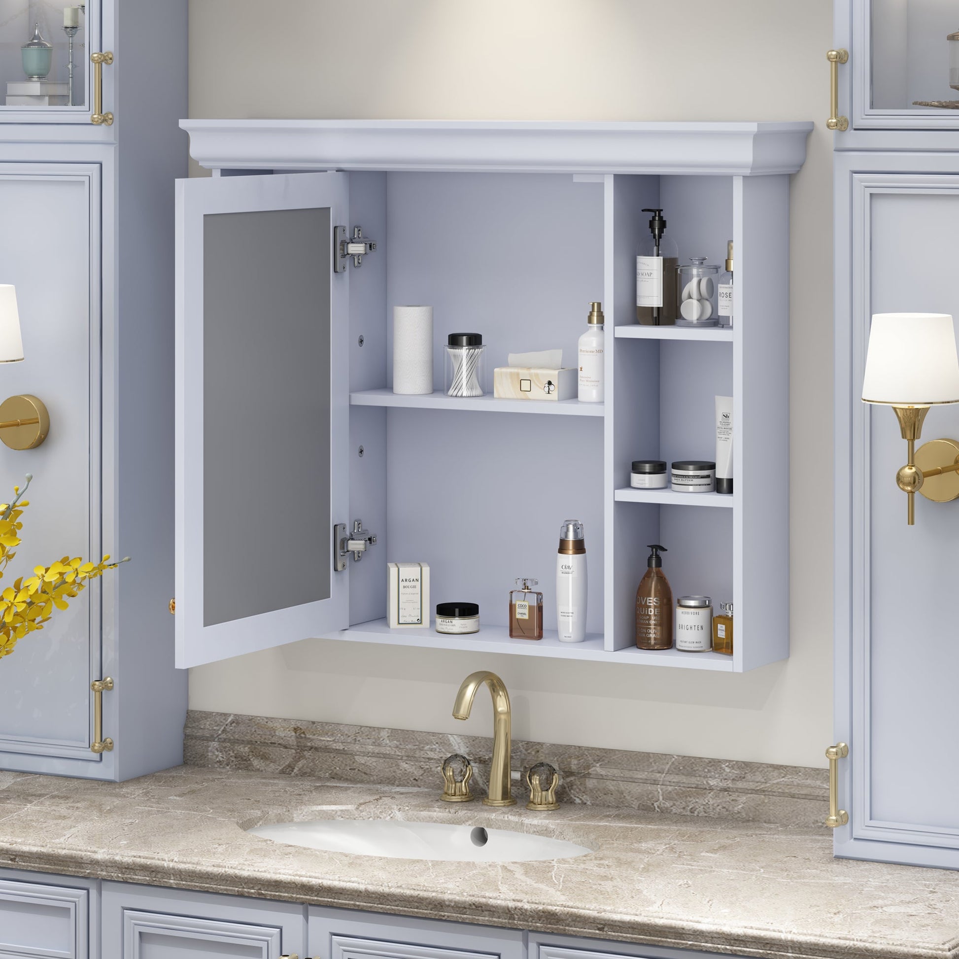 35'' x 28'' Blue Wall Mounted Bathroom Storage Cabinet with Mirror Door, Modern Bathroom Wall Cabinet with Mirror - Korvel