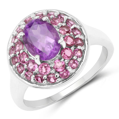 2.48 Carat Genuine Amethyst and Rhodolite Sterling Silver Ring