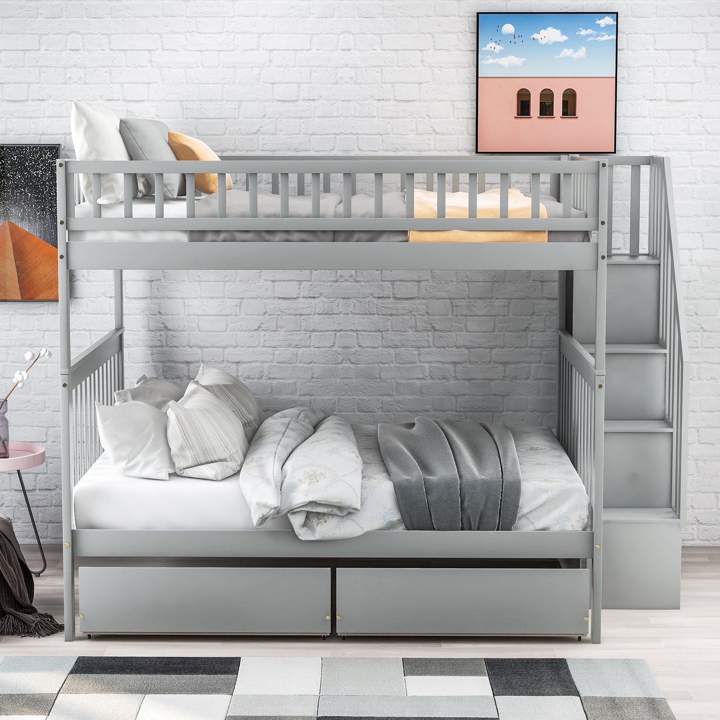 Full over Full Bunk Bed with Two Drawers and Storage, Gray - Korvel