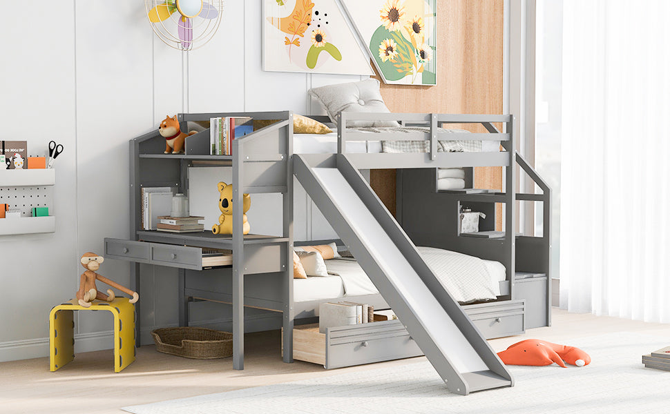 Lit superposé jumeau avec rangement et bureau - Gris
