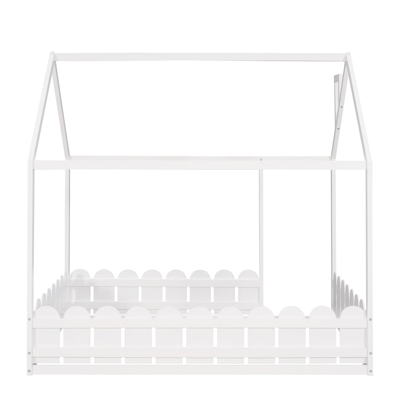 (Slats are not included) Full Size Wood Bed House Bed Frame with Fence for Kids Teens Girls Boys (White ) - Korvel