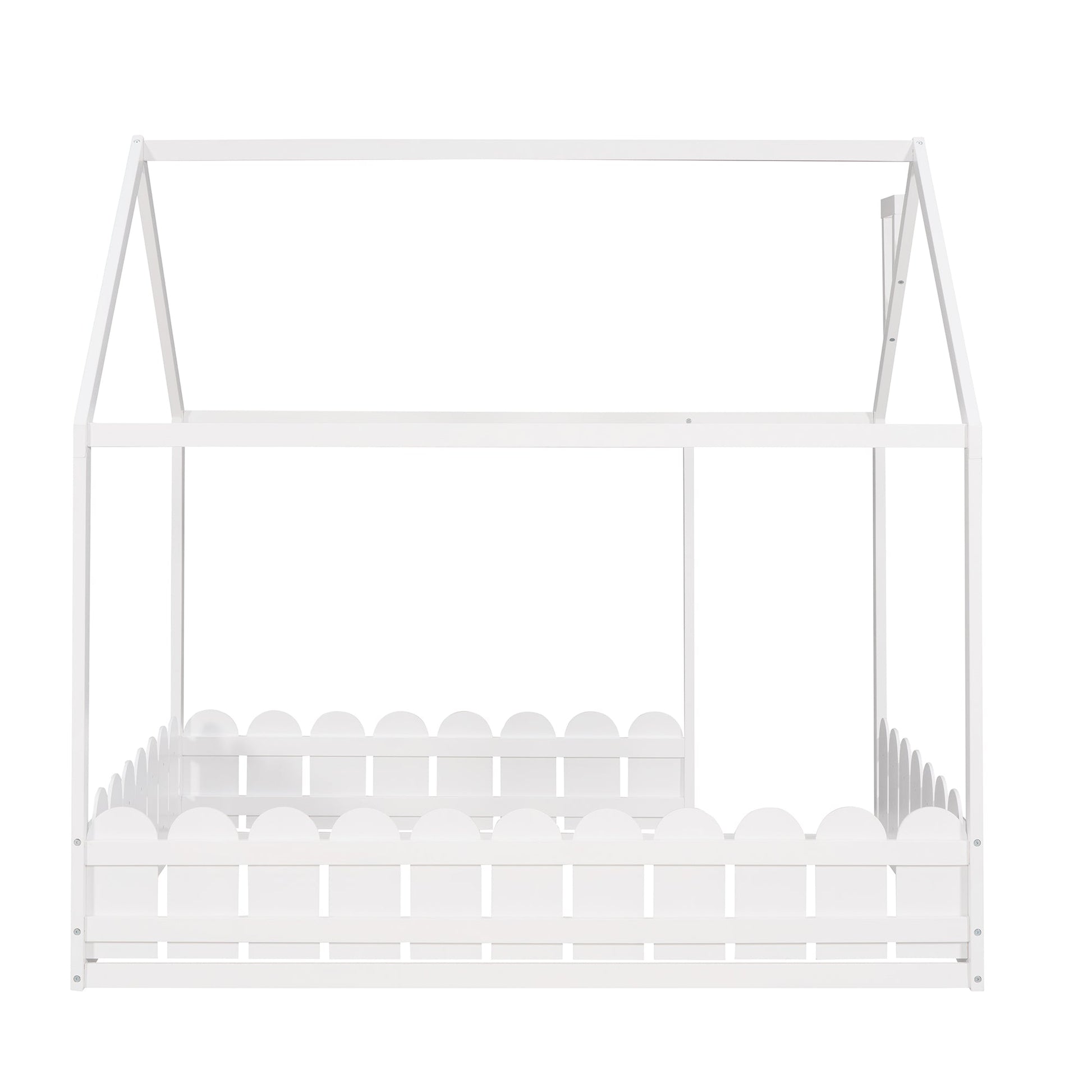 (Slats are not included) Full Size Wood Bed House Bed Frame with Fence for Kids Teens Girls Boys (White ) - Korvel