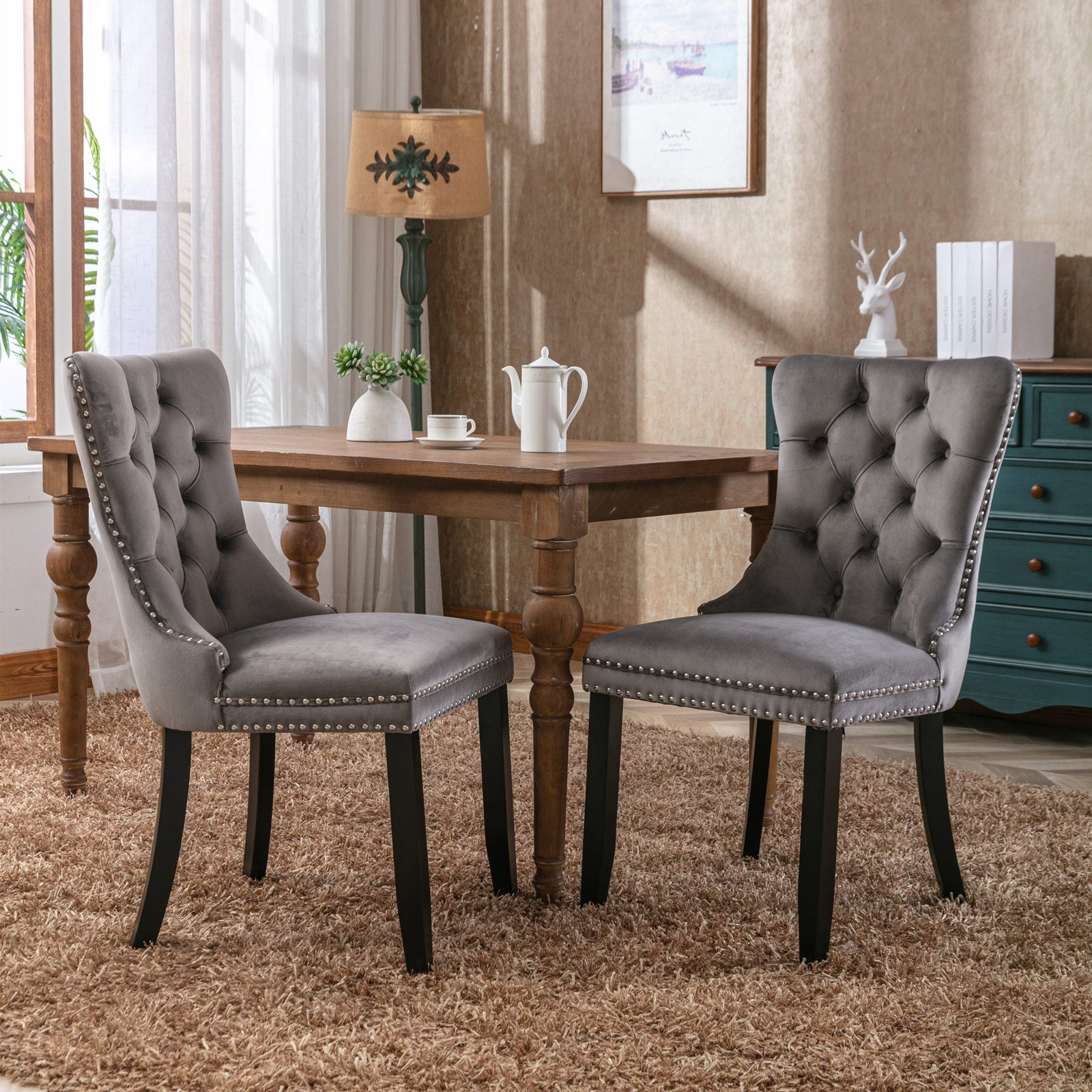 Modern high-end plush solid wood velvet cushioned dining chair with wooden leg nail head decoration, two piece set in gray - Korvel