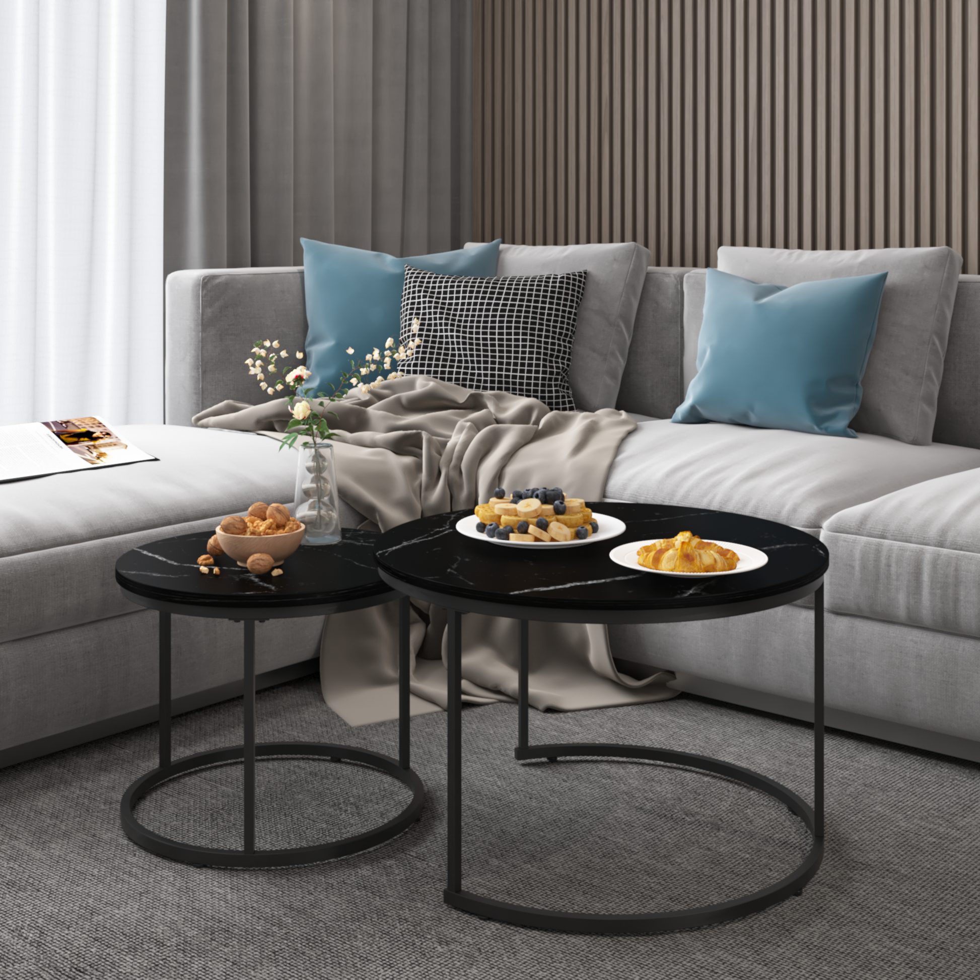 A set of nested coffee tables, 27.6-inch round coffee table, wooden marble patterned tabletop, sturdy metal frame (black) - Korvel