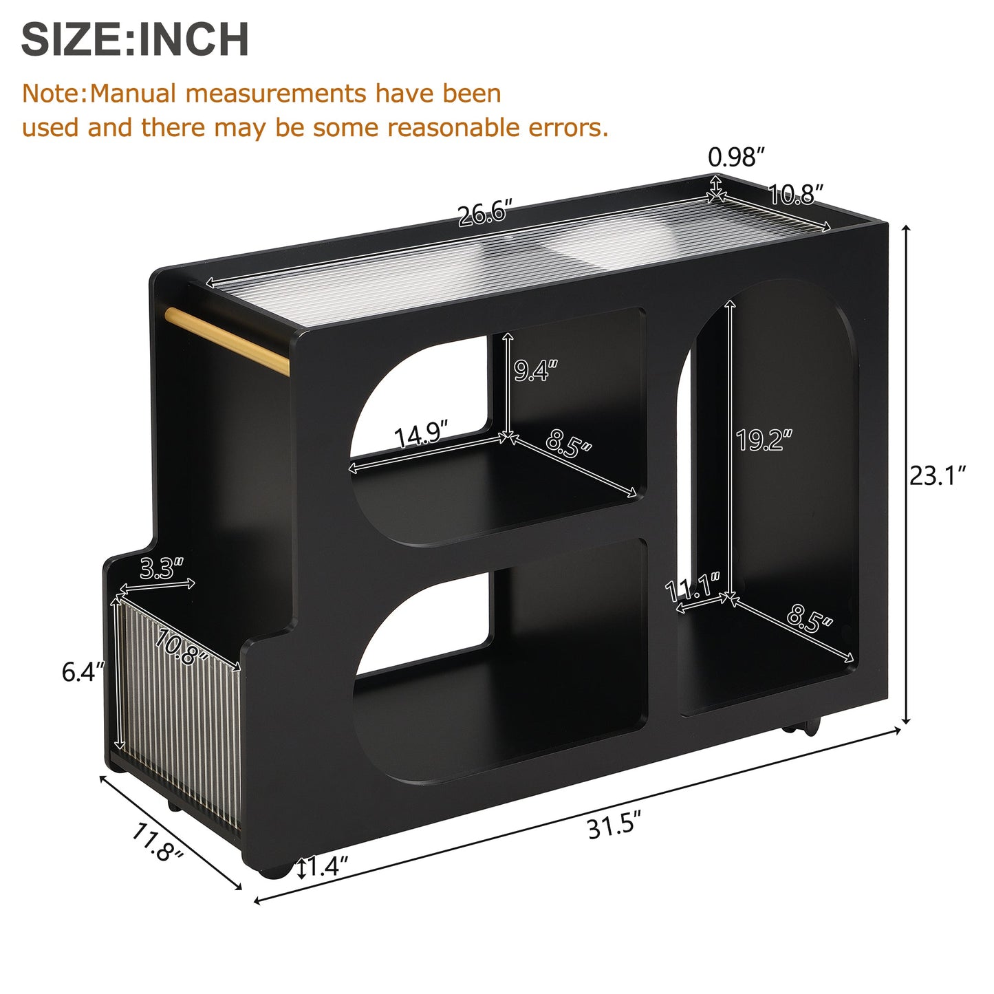 Stylish mobile desk with lockable wheels,bedside table with 5mm thick grooved tempered glass and gold round bars ，black - Korvel