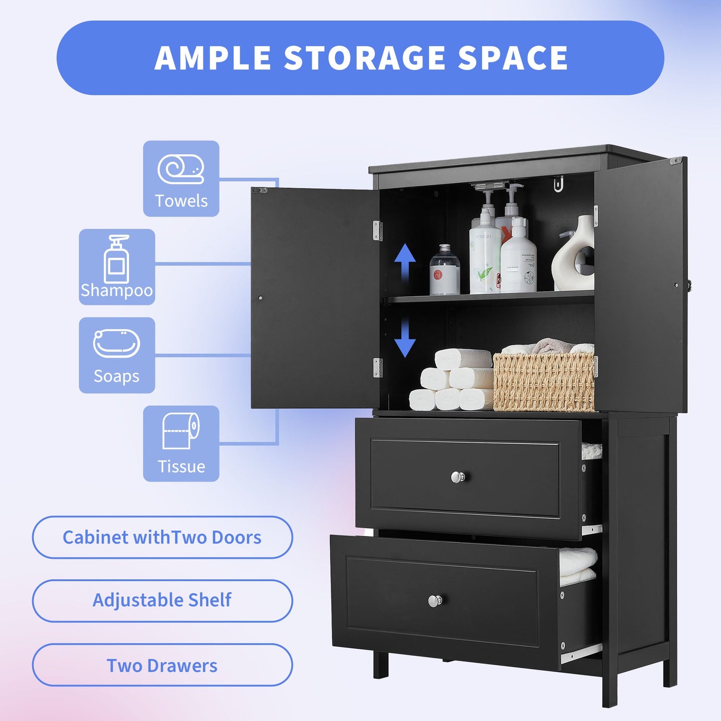 Armoire de rangement de salle de bain noire élégante avec étagère réglable