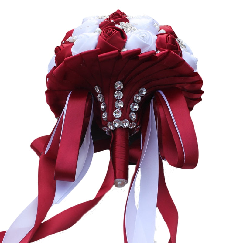 WifeLai-A Ramos De Novia Burgundy Artificial Flower Bridesmaid Wedding Bouquet - Korvel