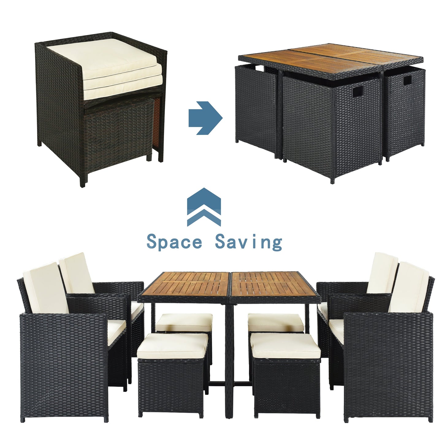 TOPMAX Patio All-Weather PE Wicker Dining Table Set with Wood Tabletop for 8, Black Rattan+Beige Cushion (9-Piece) - Korvel
