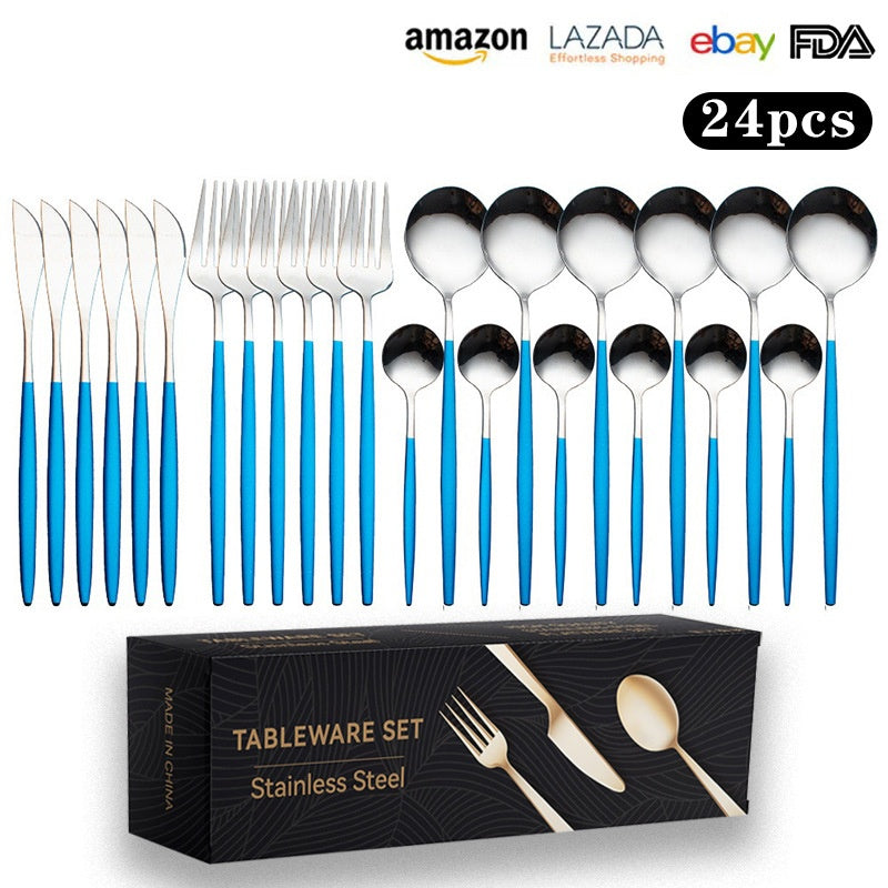 Cutlery Set Stainless Steel Knife Fork Set 24-Piece Tableware Set Golden Steak Knife Fork Spoon 6-Person Set - Korvel