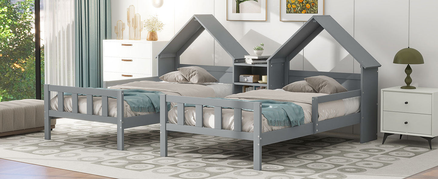 Double Twin Size Platform Bed with House-shaped Headboard and a Built-in Nightstand  Grey - Korvel