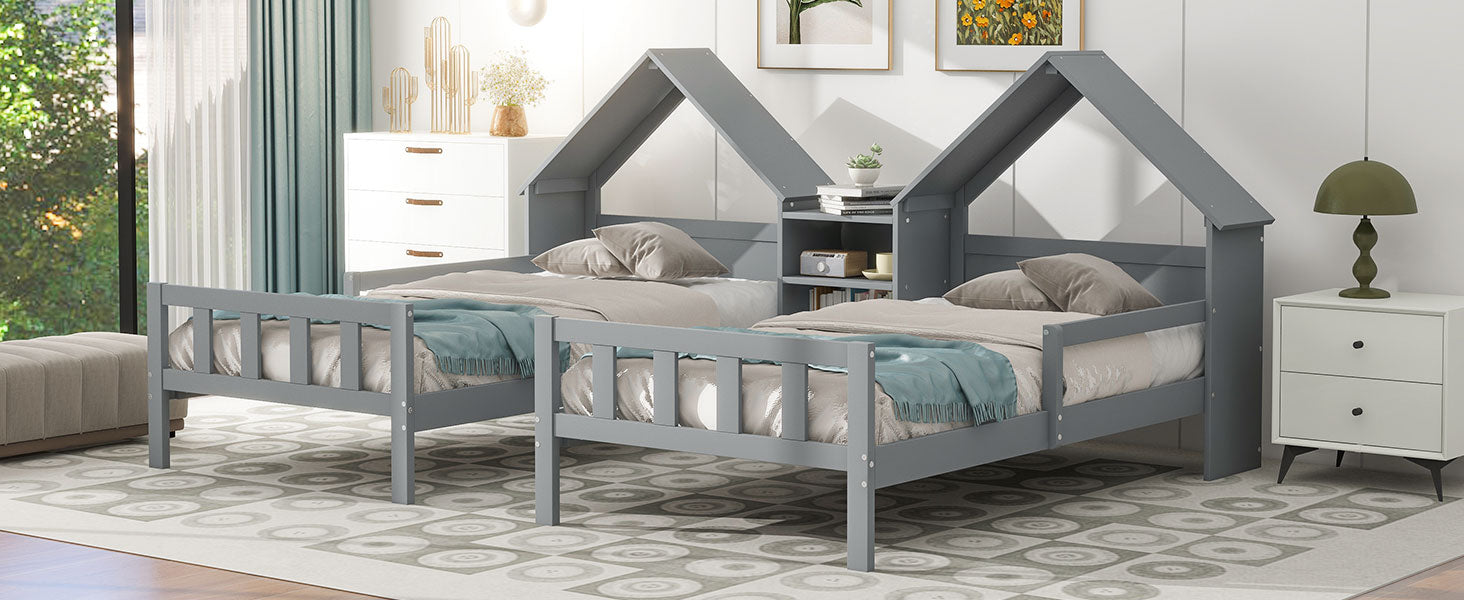 Double Twin Size Platform Bed with House-shaped Headboard and a Built-in Nightstand  Grey - Korvel