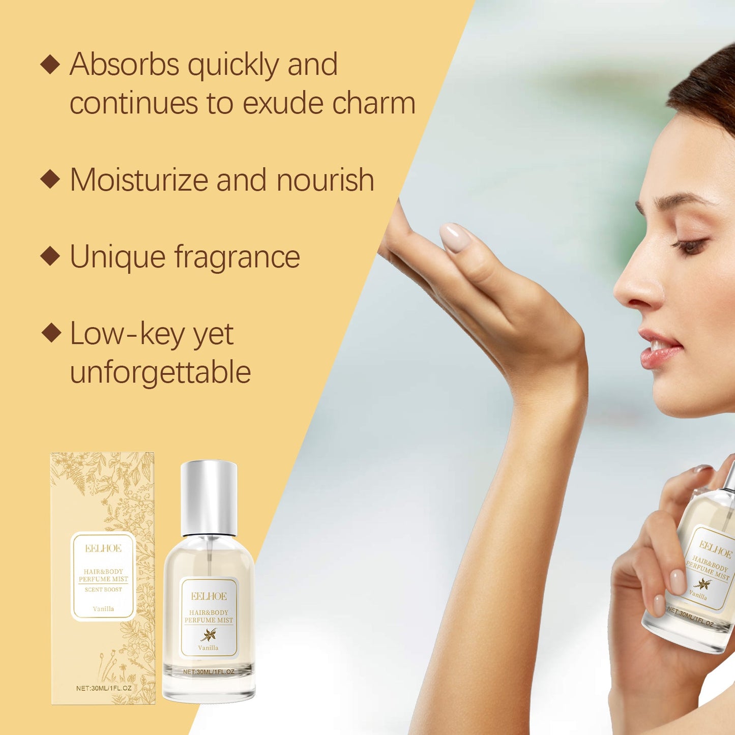 Spray de Perfume para el Cuerpo y el Cabello de Vainilla - Fragancia Duradera
