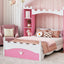 Lit jumeau en bois en forme de château avec étagère de rangement en rose et blanc