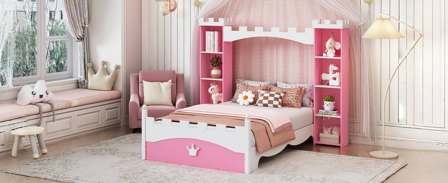 Lit jumeau en bois en forme de château avec étagère de rangement en rose et blanc