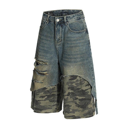 Pantalones cortos de mezclilla camuflaje desgastados para hombre
