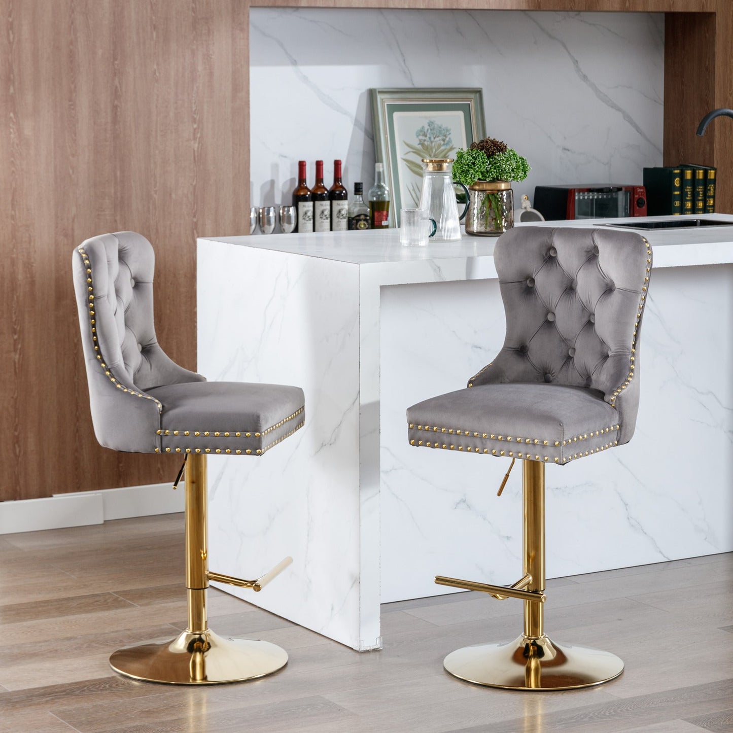 Thick gold rotating velvet bar stool with adjustable seat height of 25-33 inches and backrest (gray, set of 2 pieces) - Korvel